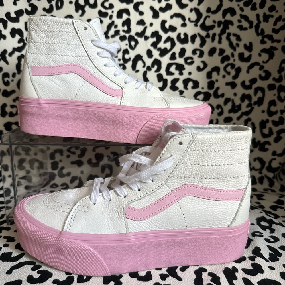 Vans White and Pink Sk8-Hi Platform Sneakers